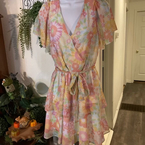 Peach Love California Floral Mini Dress - Pink, Yellow, Orange - Picture 1 of 8